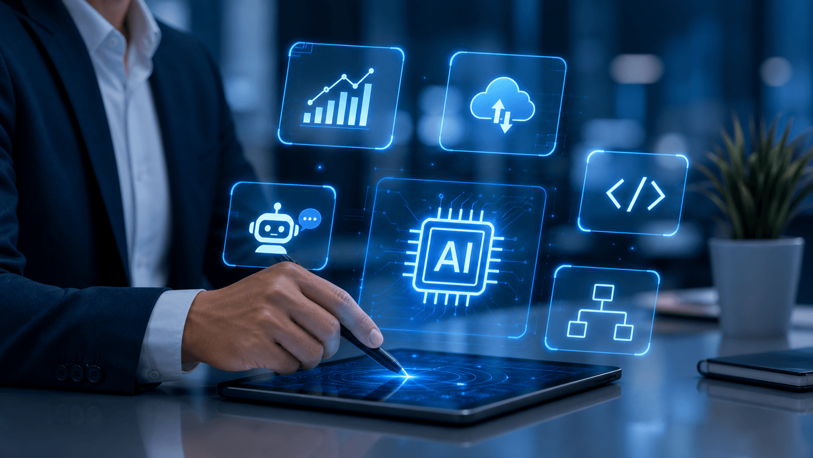 AI automation icons on a tablet interface