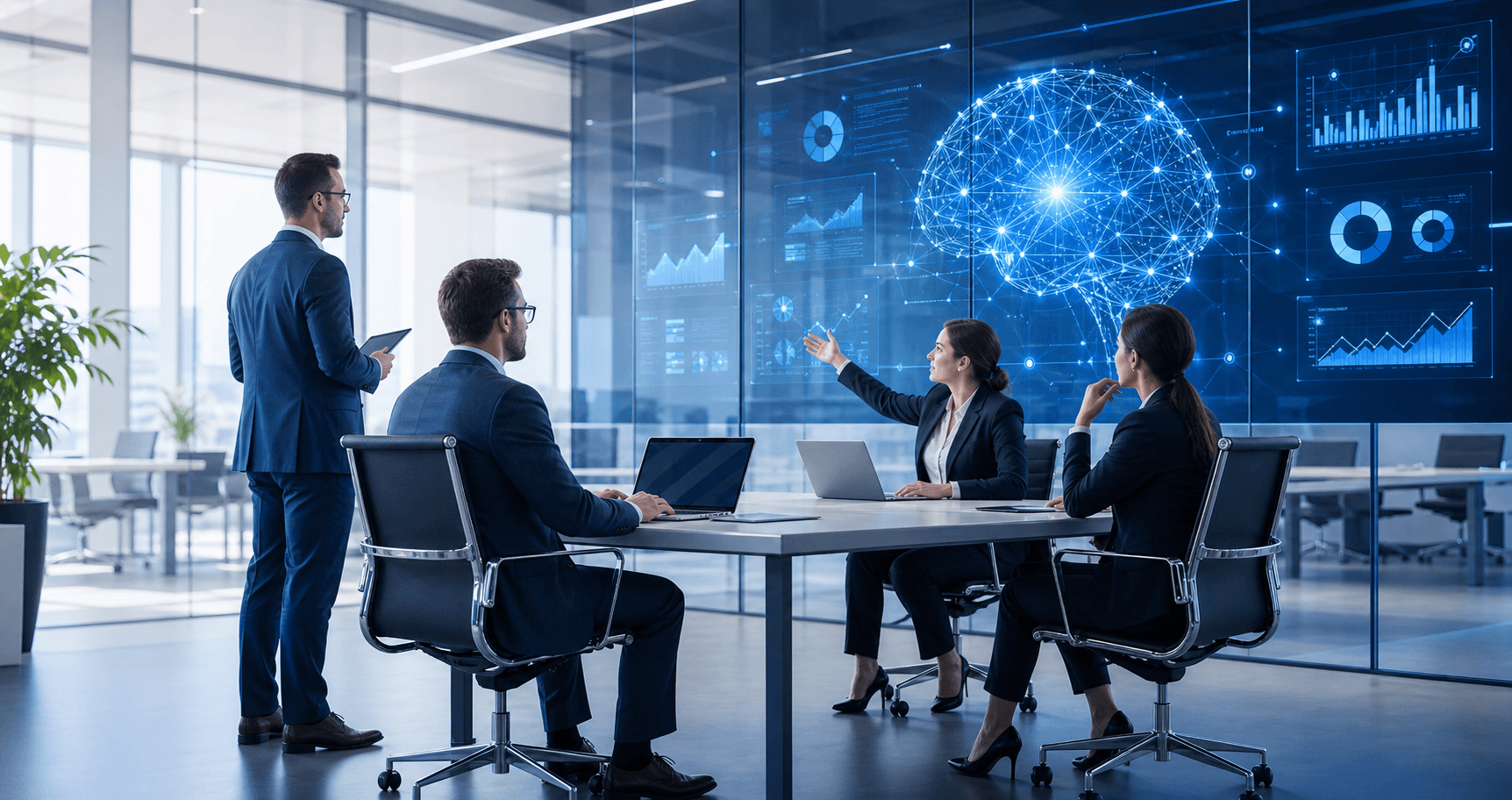 Business team reviewing AI automation dashboards